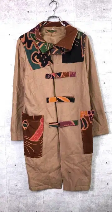 이국적인 구제 의류 벨크로 테이프 디자인 민족 패턴 패치워크 롱 코트