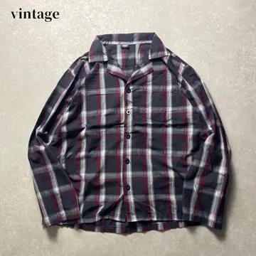 vintage 파자마 체크 셔츠 긴팔 오픈 카라 다크 그레이 퍼플