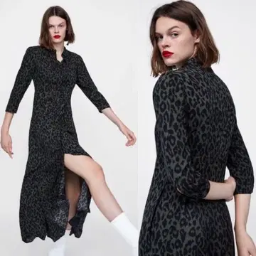 [새상품급] ZARA 자라 카키 레오파드 무늬 롱 셔츠 원피스 M