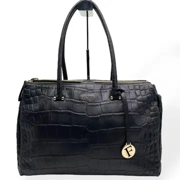 컨디션 최상 FURLA 훌라 핸드백 숄더 악어 엠보싱 가죽 블랙