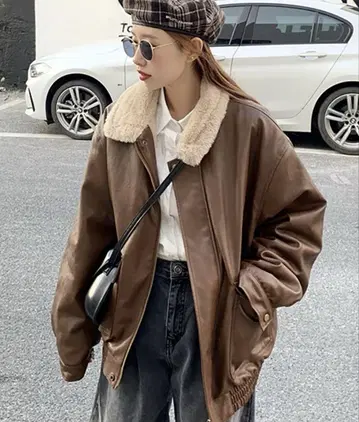 빈티지 스타일 합성 피혁 블루종 자켓 퍼 한국 패션