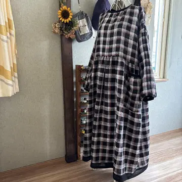 린넨 100% 선염 체크 개더 롱 원피스 긴팔 핸드메이드