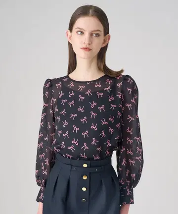 24SS ANAYI 리본 프린트 턱 슬리브 블라우스 36 드레이프감 시어