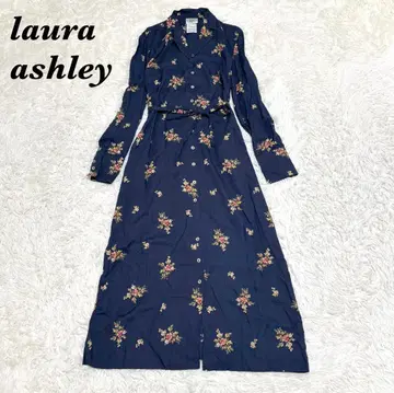 Laura Ashley 긴팔 맥시 길이 셔츠 원피스 M 네이비 꽃무늬