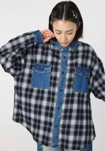 미사용 새상품 데님 도킹 체크 셔츠