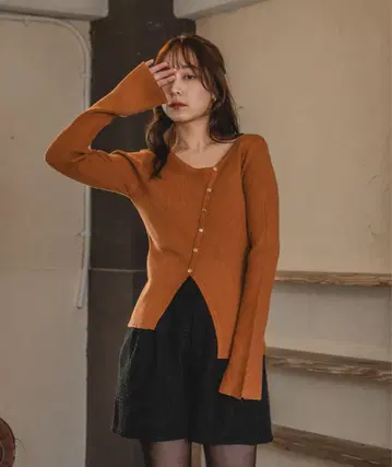 mideal 비대칭 디자인 리브 상의 오렌지