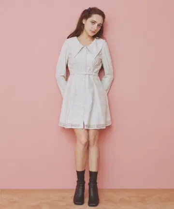 REDYAZEL 아이보리 레이스 체크 원피스 벨트