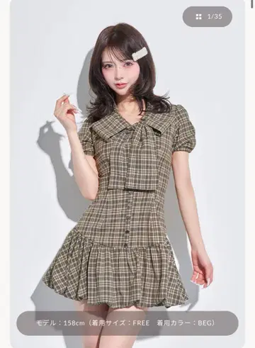 다리치 빅 리본 벌룬 체크 미니 원피스