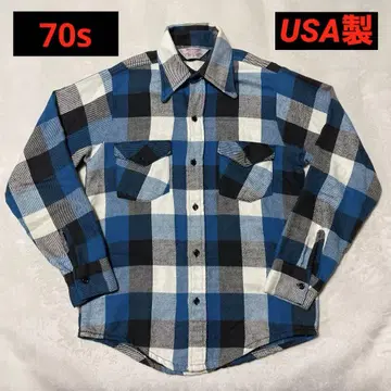 70s 프로스트프루프 헤비 플란넬 셔츠 USA제 블록 체크 블루