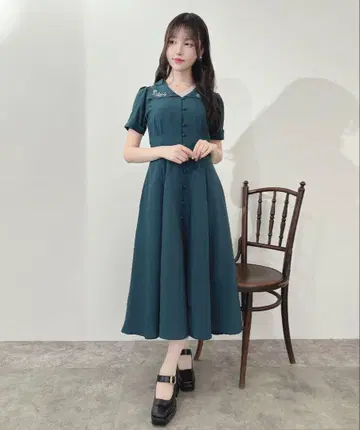 로즈 자수 카라 원피스 an another angelus 블루그린