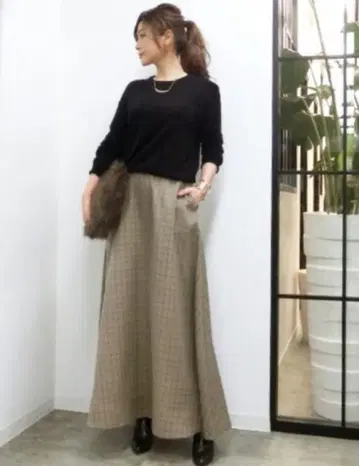 스타일 델리 글렌체크 패턴 롱 플레어 스커트