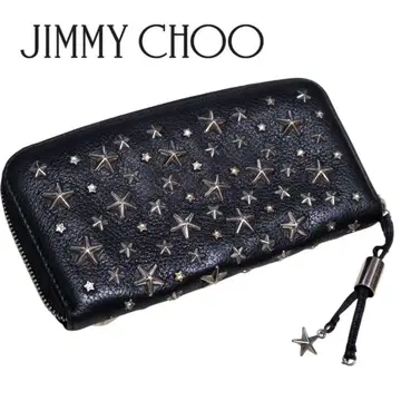 JIMMY CHOO 라운드 지퍼 장지갑 주름 가죽 스터드 블랙