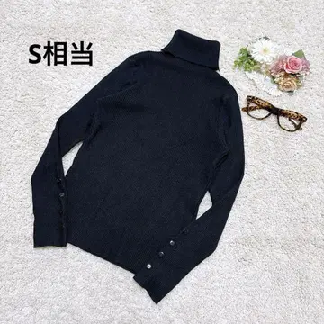 긴팔 리브 니트 터틀넥 블랙 S 상당 소매 버튼 블랙 가을/겨울 깔끔한