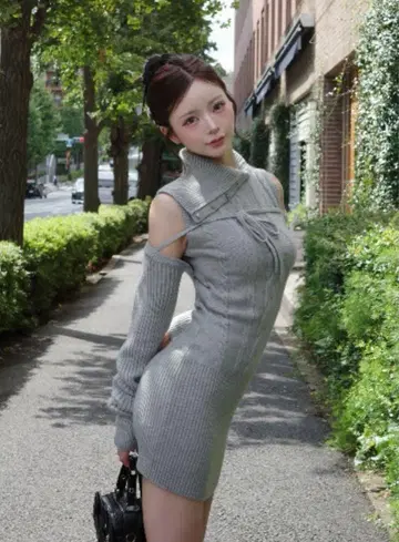 Darich 디자인 넥 니트 미니 원피스 BLACK 블랙