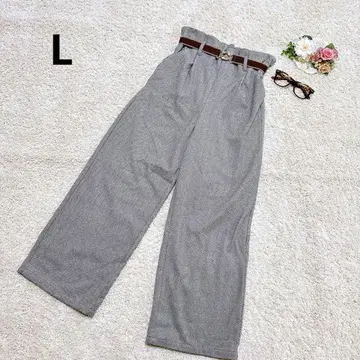와이드 팬츠 브라운 L 헤링본 턱 벨트 포함 브라운 심플
