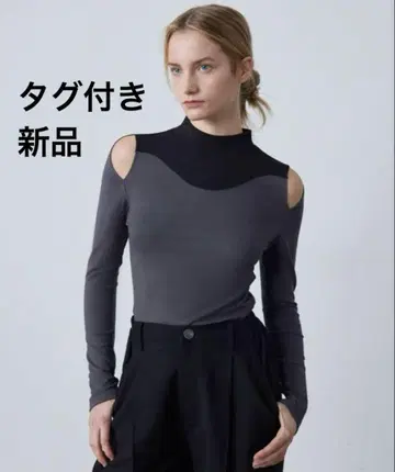 ELOOPS 커팅 바이컬러 하이넥 티셔츠