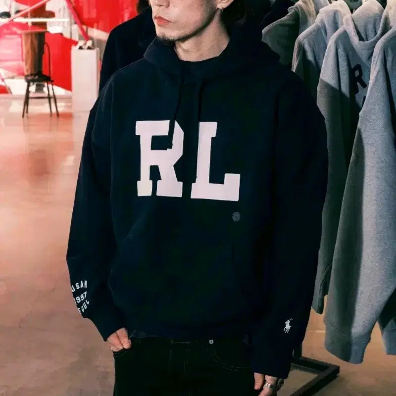 새제품L) 폴로 랄프로렌 RL로고 후디 후드 티셔츠 블랙 그레이