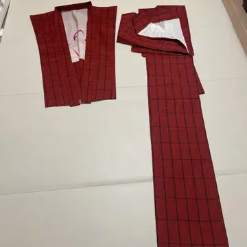 기모노 겉옷 세트 빨간색 체크 무늬
