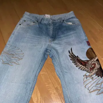 카라쿠리타마시 부엉이 올빼미 자수 스트레이트 데님 30 사이즈