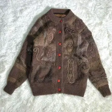 모헤어 터치 입체 드로 코드 자수 니트 가디건 브라운 귀여운