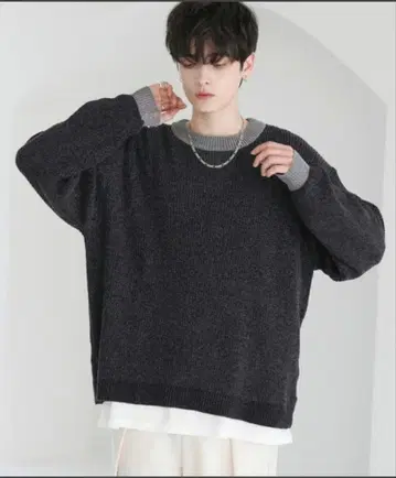 ETELIO 루즈 실루엣 크루넥 니트 블랙 x 그레이 S
