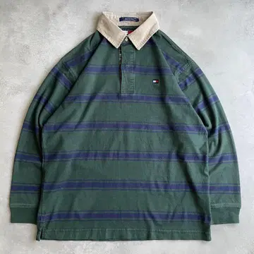 90s 타미힐피거 보더 피케 셔츠 그린 네이비 L