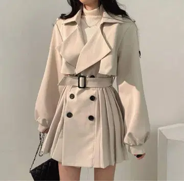 소녀나라 플리츠 벌룬 트렌치 원피스 베이지
