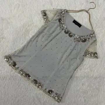 CHRISCELIN 비즈 자수 튤 티셔츠 라이트 그레이 42