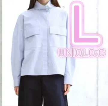 새상품 유니클로C 코튼 스탠드 카라 셔츠 자켓 스트라이프 블루 L