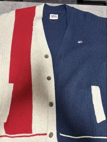 TOMMY 리브 니트 가디건 네이비/레드