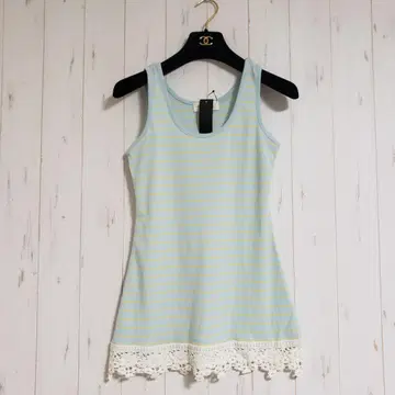새상품 w closet 더블 클로젯 레이스 슬리브리스 보더 스카이블루 F