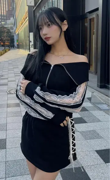 레이스 블루종 x 미니 스커트 맨투맨 셋업[pm565]
