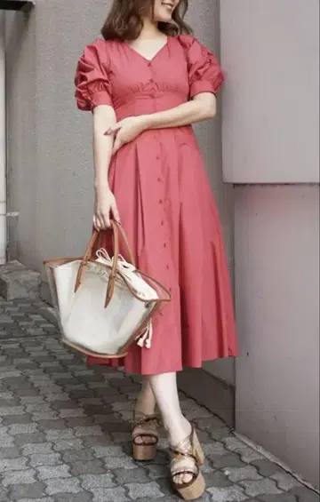 MERCURYDUO 너기 카라 볼륨 슬리브 셔츠 원피스 레드