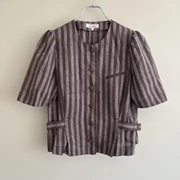 Leilian 레리안 레트로 반팔 브라운 스트라이프 셔츠 M