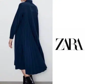 [ 새상품급 ] 자라 백 플리츠 롱 셔츠 원피스 M 네이비 루즈핏