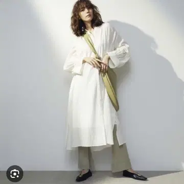미라 오웬 코튼 셔츠 원피스 밴드 카라 셔츠 와이드 슬리브