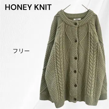 HONEY KNIT 니트 가디건 긴팔 아란 무늬 그린 FREE