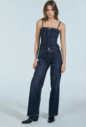 ZARA 벨티드 롱 데님 점프수트 살로펫