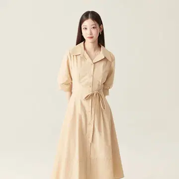 Roem 한국 베이지 셔츠 원피스 반팔 롱 기장