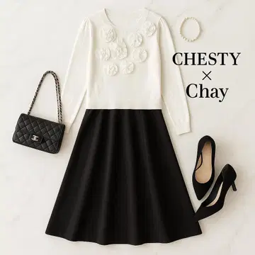 CHESTY x Chay 콜라보 까멜리아 니트 원피스 플라워 모티브 1