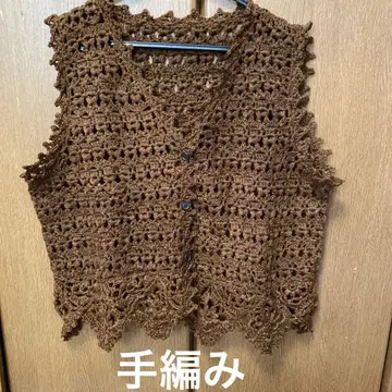 브라운 크로셰 뜨개질 니트 베스트