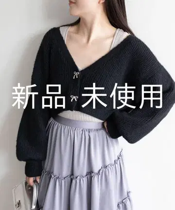 RANDA 크롭 비쥬 리본 가디건 블랙