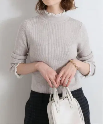 IENA 파인 울 레이스 하이넥 리브 풀오버
