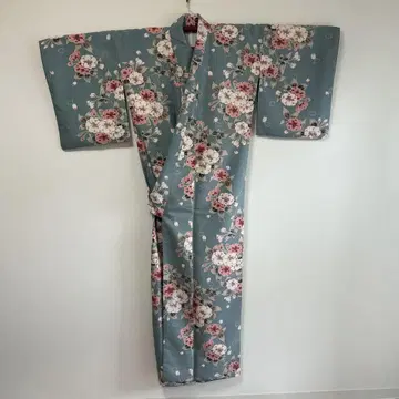 파란색 꽃무늬 코몬 폴리에스테르 기모노