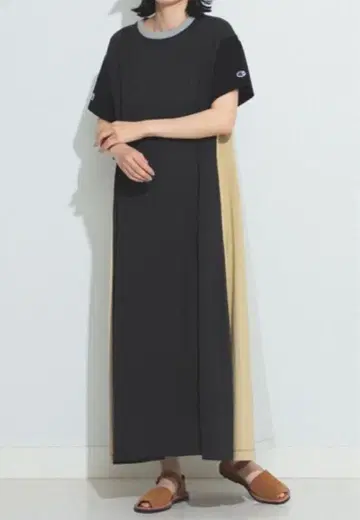 Champion BEAMS BOY 별주 반팔 A라인 원피스 베이지