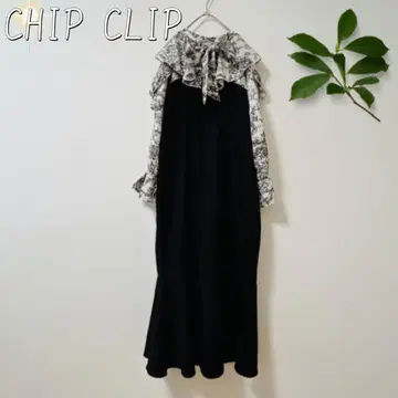 CHIP CLIP 프릴 보타이 긴팔 롱 플레어 원피스 ( L ) 블랙