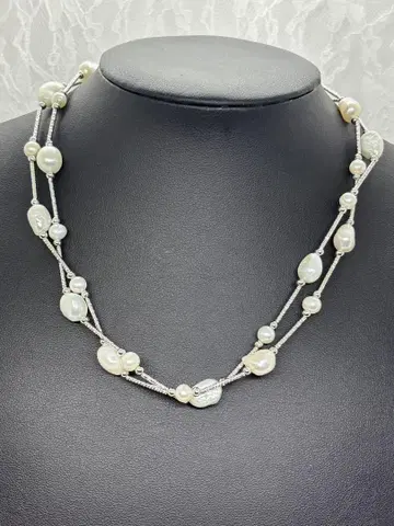 담수 진주와 실버의 롱 목걸이 조절 가능 2줄 목걸이 Y자 목걸이