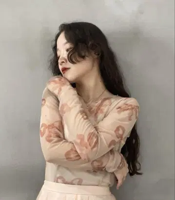 POPPY 리본 무늬 시스루 긴팔 상의