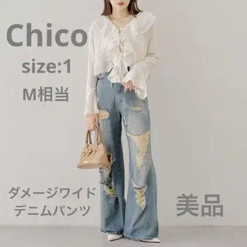 새상품급 Chico 데미지 와이드 데님 팬츠 블루 M