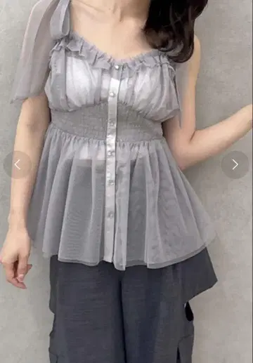 dazzlin 시어 뷔스티에 그레이 숄더 리본 튤 페플럼 뷔스티에